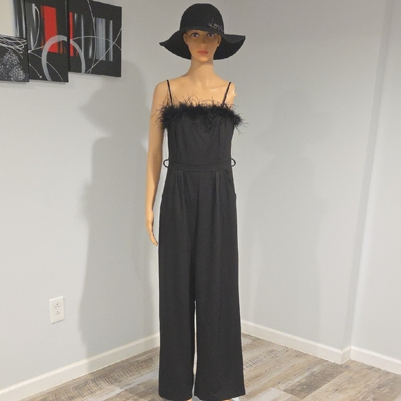Emerald Sundae Black Jumpsuit with Feather Accent - Picture 1 of 11